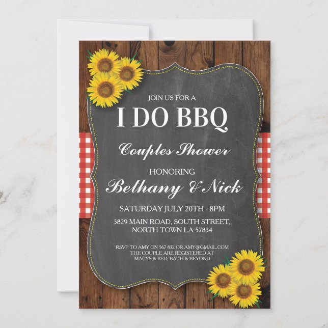 I DO BBQ Engagement Sunflower Rustic Red Invite (Front)