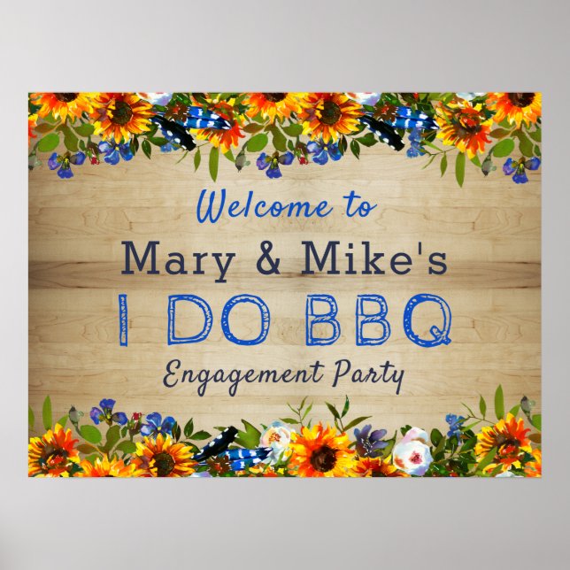 I DO BBQ Floral Wood Monogram Engagement Welcome  Poster (Front)