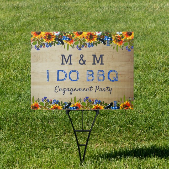 I DO BBQ Floral Wood Monogram Engagement Yard Sign (Insitu)