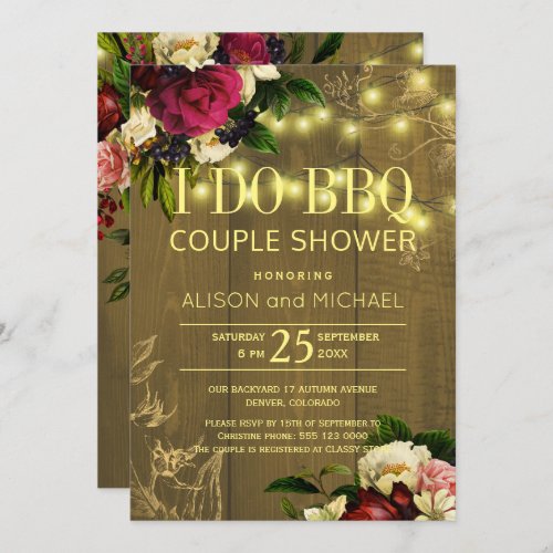 I do bbq gold lights barnwood floral couple shower invitation