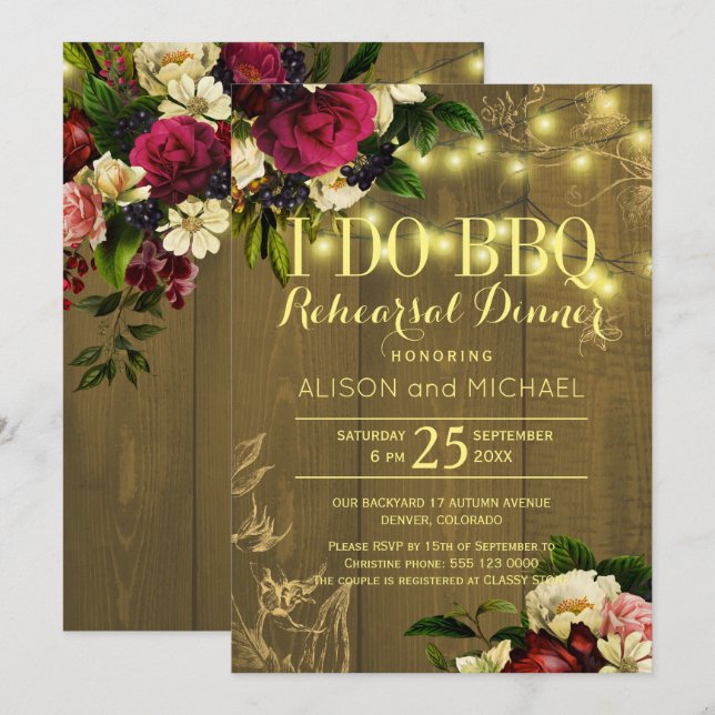 I do bbq gold lights wood floral rehearsal dinner invitation (Front/Back)