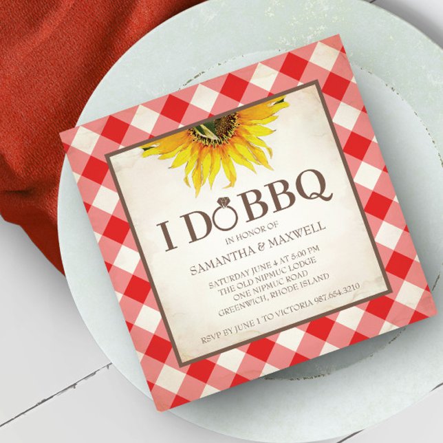I Do BBQ Invitations Red Gingham and Sunflower (I do BBQ invitations feature a watercolor sunflower with a red gingham print boarder. )