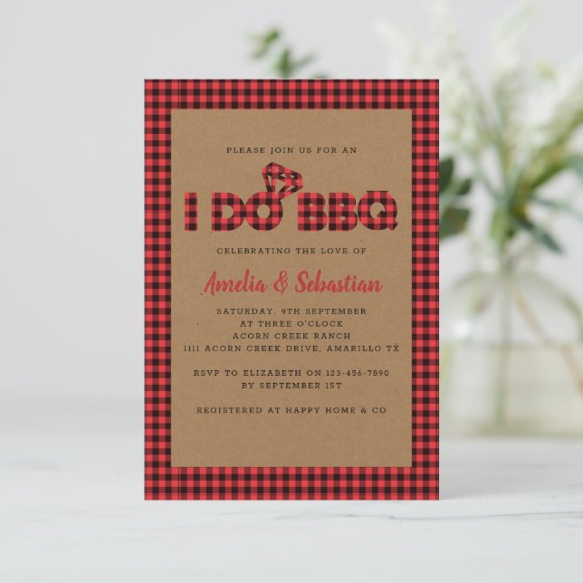 I Do BBQ Kraft Plaid Bridal Shower Invitation (Standing Front)