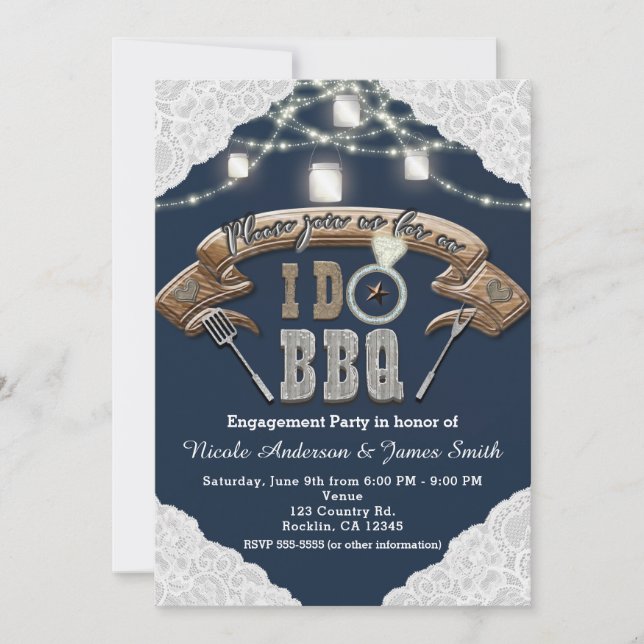 I DO BBQ Mason Jar Lights Lace Blue Engagement Invitation (Front)