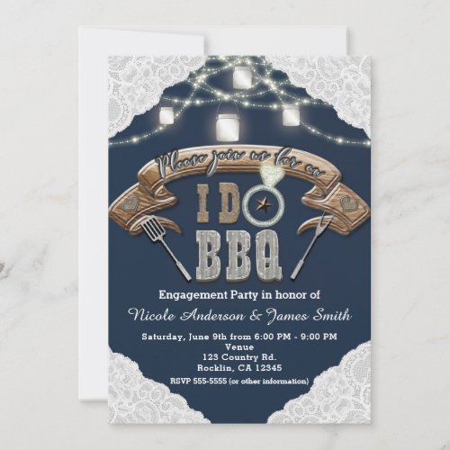 I DO BBQ Mason Jar Lights Lace Blue Engagement Invitation