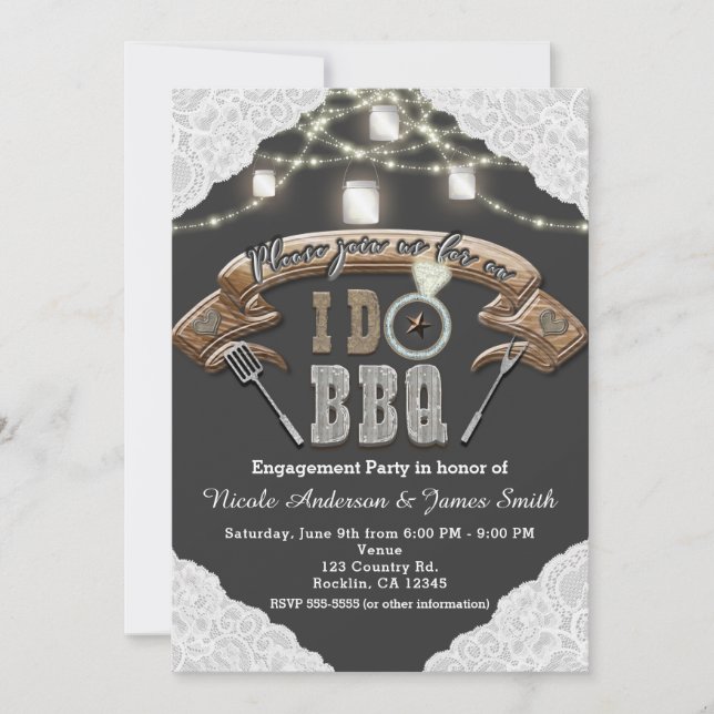 I DO BBQ Mason Jar Lights & Lace Grey Engagement Invitation (Front)