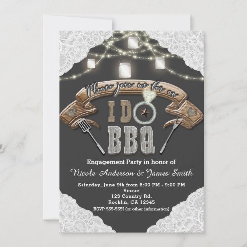 I DO BBQ Mason Jar Lights  Lace Grey Engagement Invitation