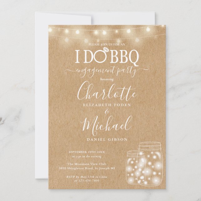 I Do BBQ Mason Jar String Lights Rustic Engagement Invitation (Front)