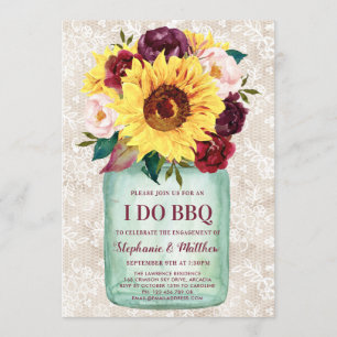 I Do BBQ Mason Jar Sunflowers Lace Engagement Invitation