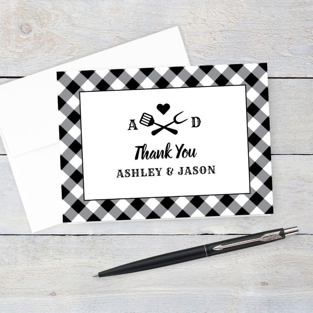 I Do BBQ Monogram Black Gingham Wedding Letterpress Thank You Card (Creator Uploaded)