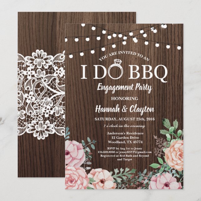 I do BBQ party invitation - rustic wood pink roses (Front/Back)