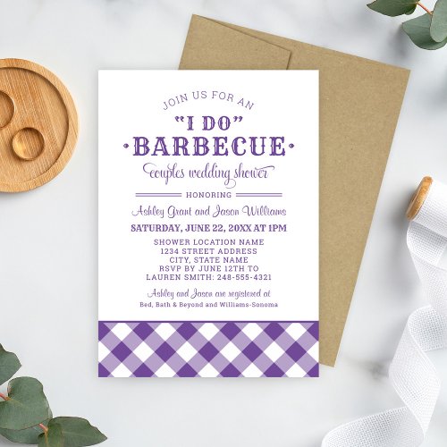 I Do BBQ Purple Gingham Wedding Couples Shower Invitation