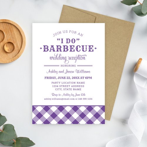 I Do BBQ Purple Gingham Wedding Reception Invitation