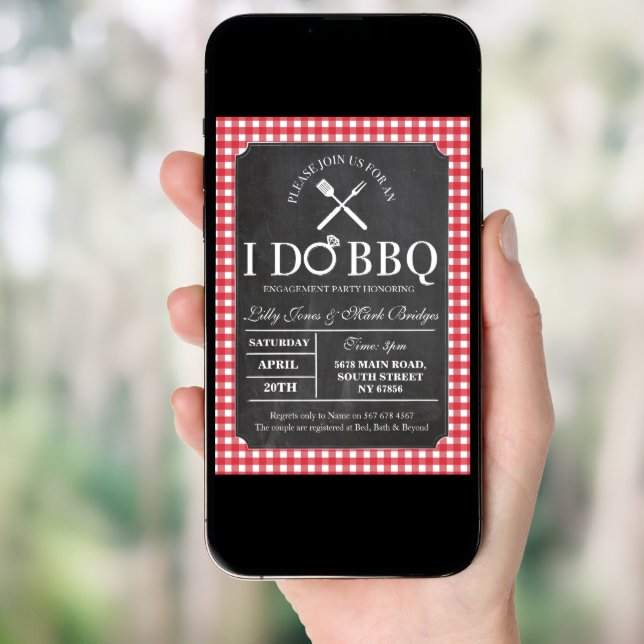 I DO BBQ Red Chalk Party Engagement Invitation (Front Digital)