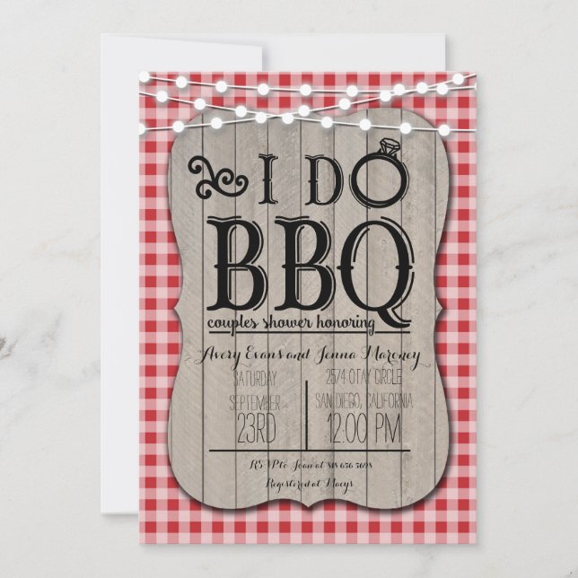 I Do BBQ Red Gingham Couples Shower in Wood Invitation (Front)