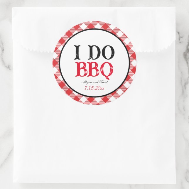I Do BBQ Red Gingham Custom Wedding  Classic Round Sticker (Bag)