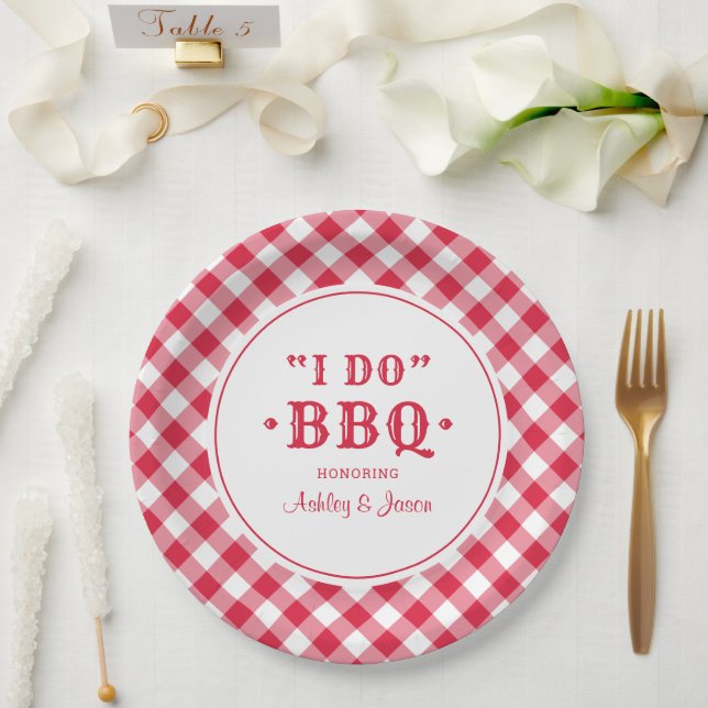 I Do BBQ Red Gingham Custom Wedding Monogram Paper Plates (Wedding)