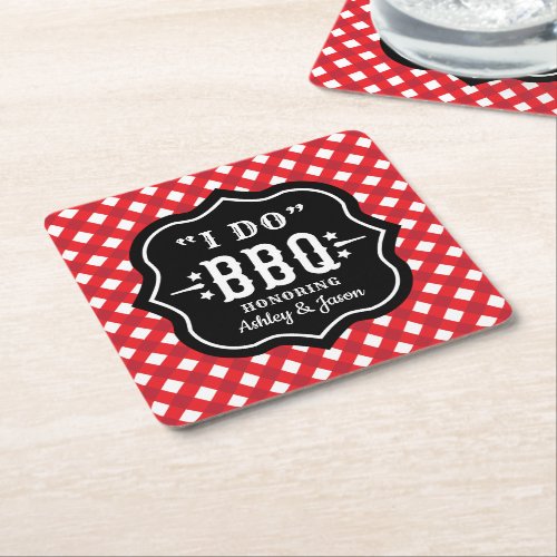 I Do BBQ Red Gingham Custom Wedding Square Paper Coaster