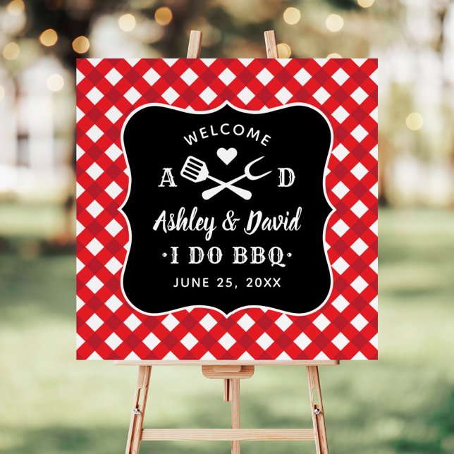 I Do BBQ Red Gingham Monogram Wedding Welcome Foam Board (Creator Uploaded)
