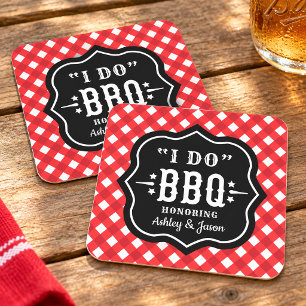 I Do BBQ Red Gingham Wedding Square Paper Coaster