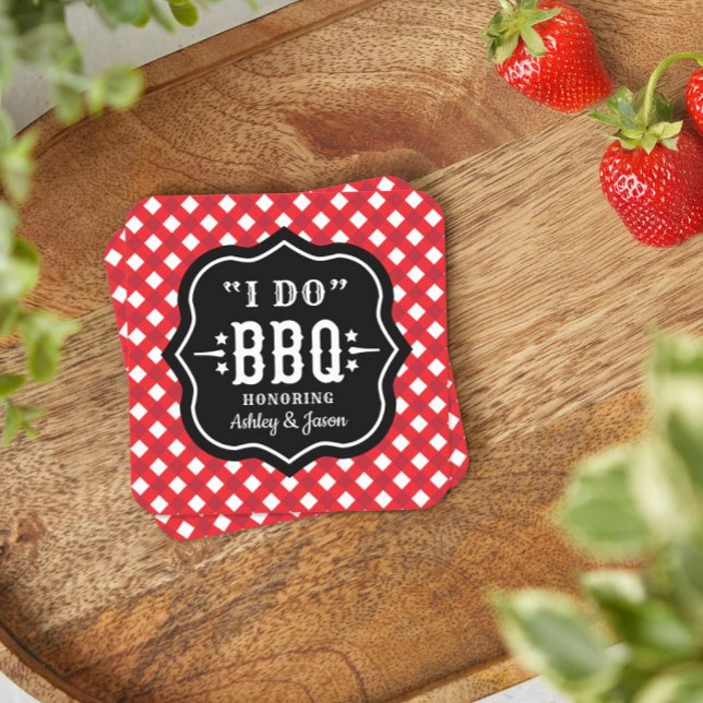 I Do BBQ Red Gingham Wedding Square Paper Coaster (Creator Uploaded)