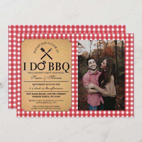 I DO BBQ Red Vintage Party Engagement Photo Ring Invitation