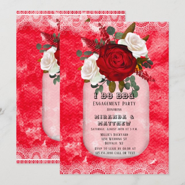 I Do BBQ Red Watercolor Roses Engagement Party Invitation (Front/Back)