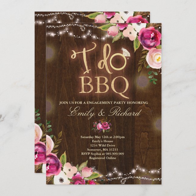 I Do BBQ Rustic Engagement Invitation Florals (Front/Back)