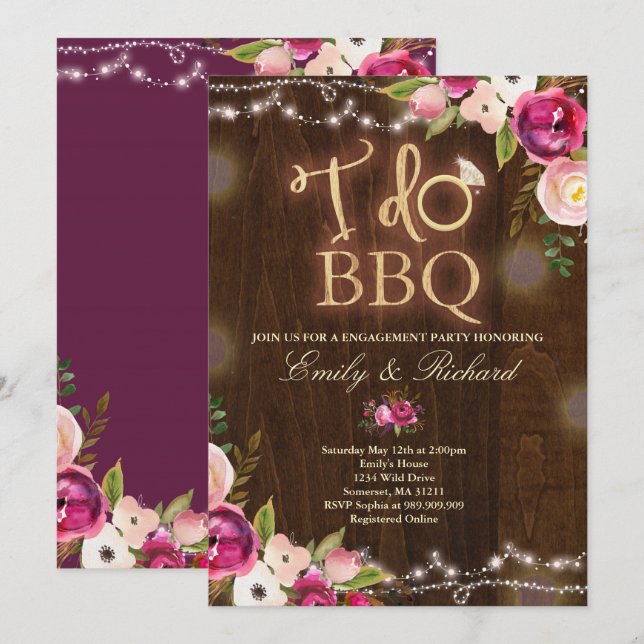 I Do BBQ Rustic Engagement Invitation Florals (Front/Back)