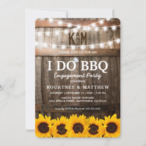 I DO BBQ Rustic Engagement Party Sunflower Invitation - Rustic "I DO BBQ" couple engagement party invitations featuring a country barn wood barrel background, twinkle string lights, golden yellow sunflowers, wedding engagement ring, your monogram and a couples shower celebration template that is easy to personalize.