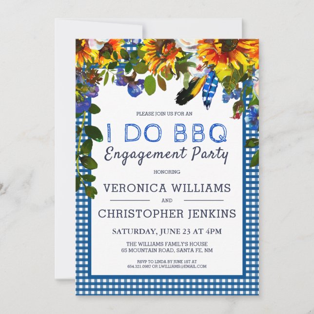 I DO BBQ Rustic Floral Blue Plaid Engagement Party Invitation (Front)