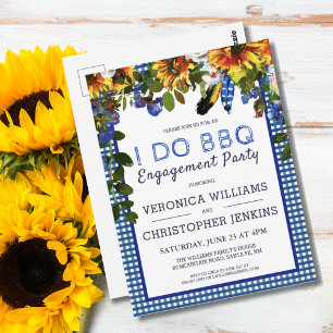 I DO BBQ Rustic Floral Blue Plaid Engagement Postcard