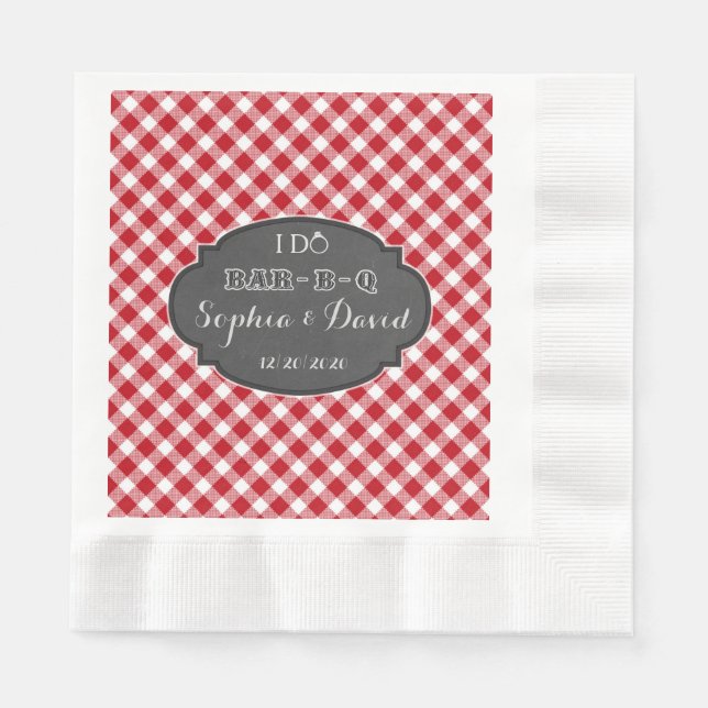 I DO BBQ Rustic Gingham Chalk Engagement Monogram Paper Napkins (Front)