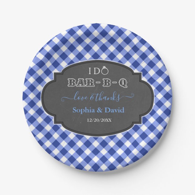 I DO BBQ Rustic Gingham Chalk Engagement Paper Plates (Front)