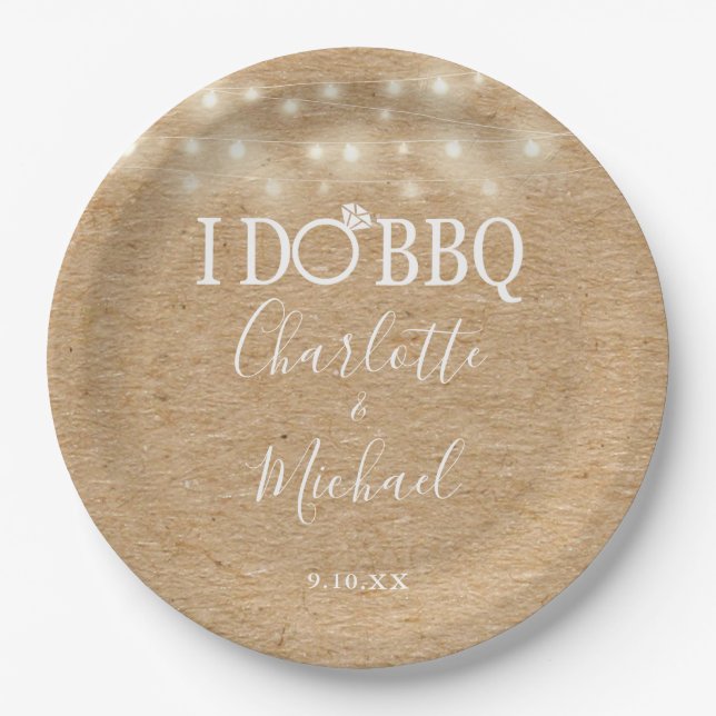 I Do BBQ Rustic Kraft String Lights Engagement Paper Plates (Front)