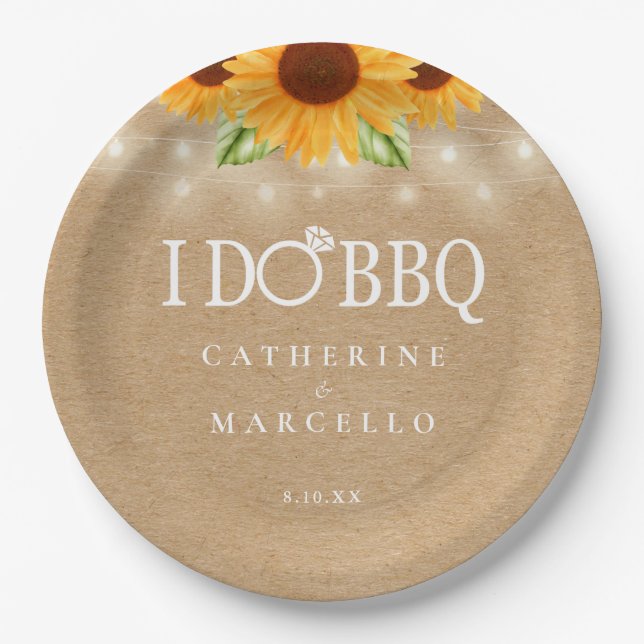 I Do BBQ Rustic Kraft Sunflower Engagement Party Paper Plates (Front)