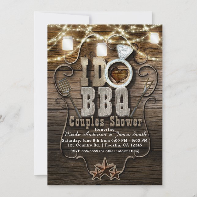 I DO BBQ Rustic Mason Jars & Lights COUPLES SHOWER Invitation (Front)