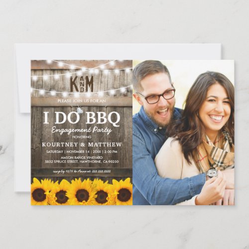 I DO BBQ Rustic Sunflower Photo Engagement Party Invitation - Rustic "I DO BBQ" couple engagement party invitations featuring a country barn wood barrel background, a photo of the future bride & groom, twinkle string lights, golden yellow sunflowers, wedding engagement ring, your monogram and a couples shower celebration template that is easy to personalize.