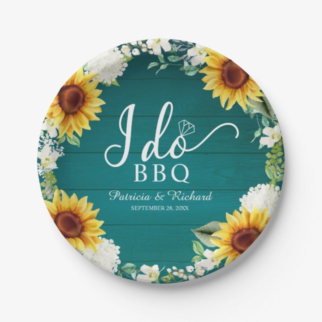 I Do BBQ Rustic Sunflowers Engagement Party Paper Plates (Front)