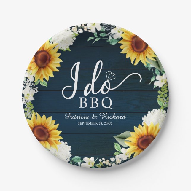 I Do BBQ Rustic Sunflowers Engagement Party Paper Plates (Front)