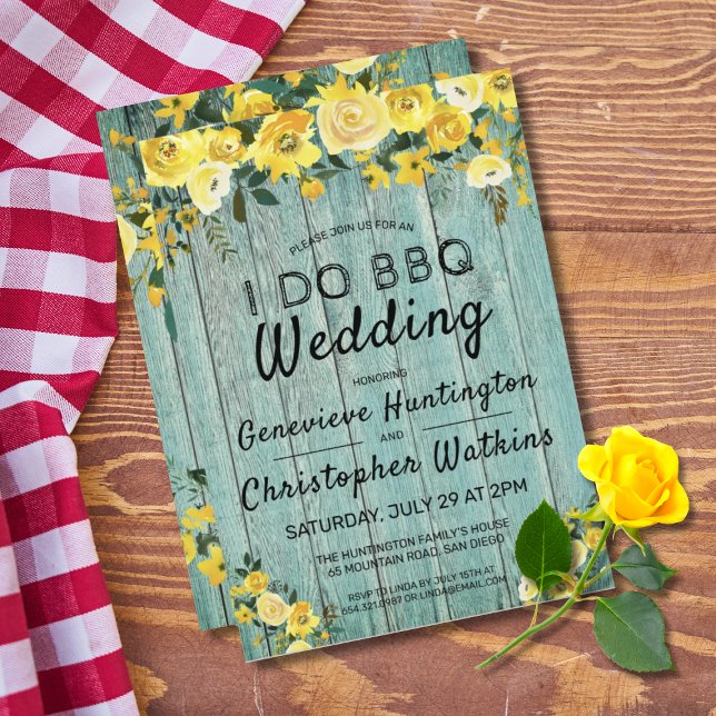 I Do BBQ | Rustic Wood & Floral Outdoor Wedding Invitation (I DO BBQ Rustic Blue Barnwood Yellow Rose Wedding Invitation)