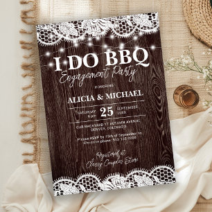 I DO BBQ rustic wood lace engagement party Invitation