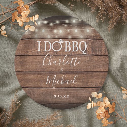 I Do BBQ Rustic Wood String Lights Engagement Paper Plates
