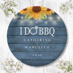 I Do BBQ Rustic Wood Sunflowers Engagement Party Paper Plates<br><div class="desc">Pretty string lights and sunflowers decorate your special engagement party celebration details set in elegant typography on a blue rustic wood background. Designed by Thisisnotme©</div>