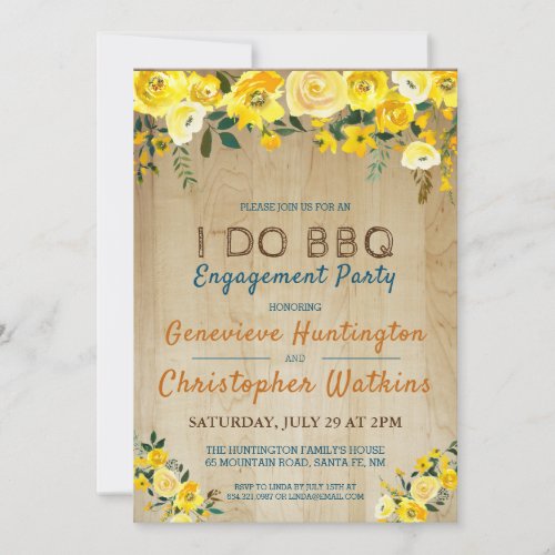 I Do BBQ  Rustic Yellow Floral Engagement Party Invitation