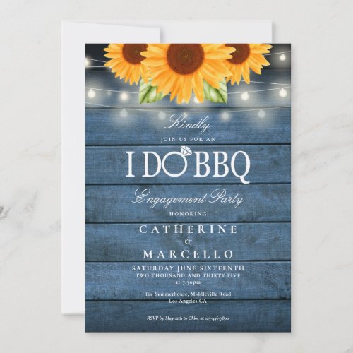 I Do BBQ Sunflower Blue Rustic Engagement Party Invitation