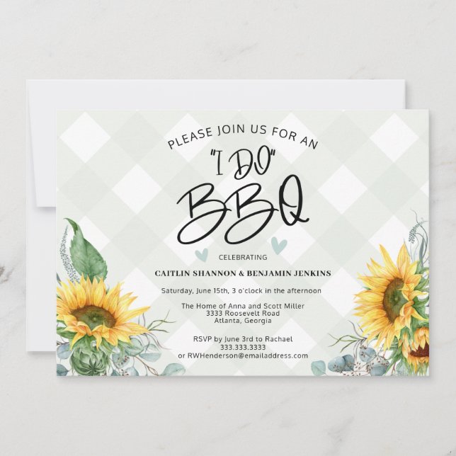 I Do BBQ Sunflower Buffalo Plaid Bridal Shower Invitation (Front)