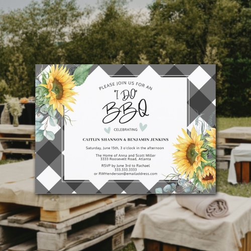 I Do BBQ Sunflower Buffalo Plaid Bridal Shower  Invitation