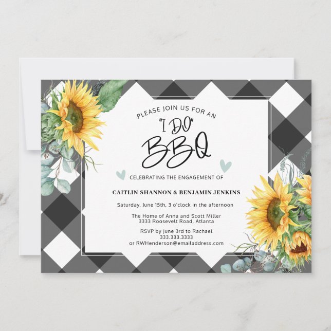 I Do BBQ Sunflower Buffalo Plaid Engagement Party Invitation (Front)