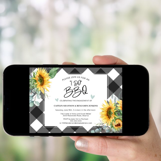 I Do BBQ Sunflower Buffalo Plaid Engagement Party Invitation (Front Digital)